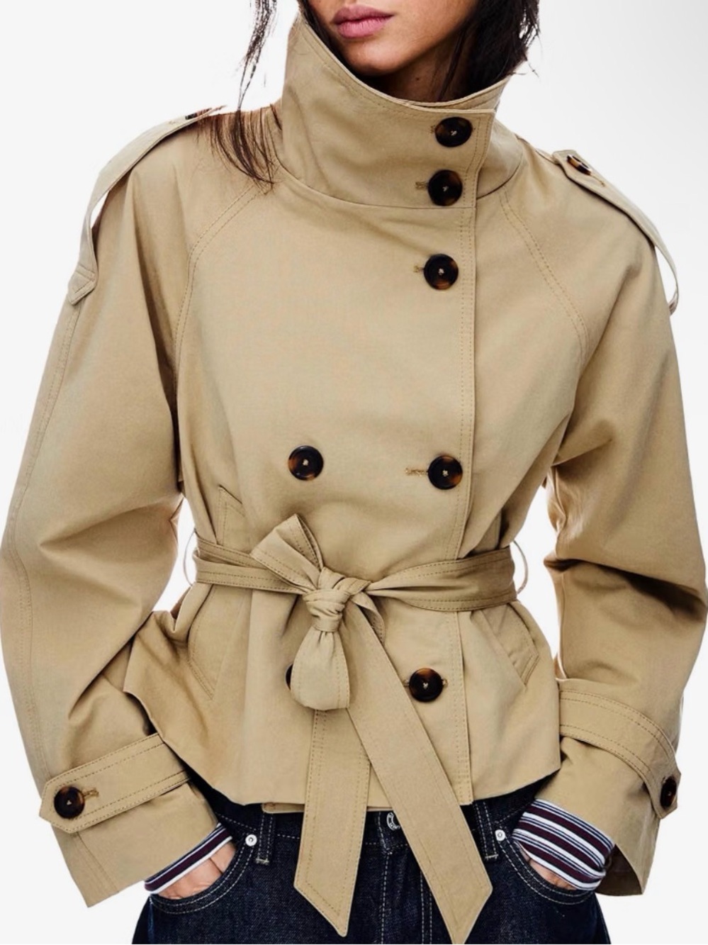 Women's Khaki Belted Short Trench Coat